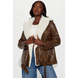 This is a brown faux leather and white sherpa aviator jacket.